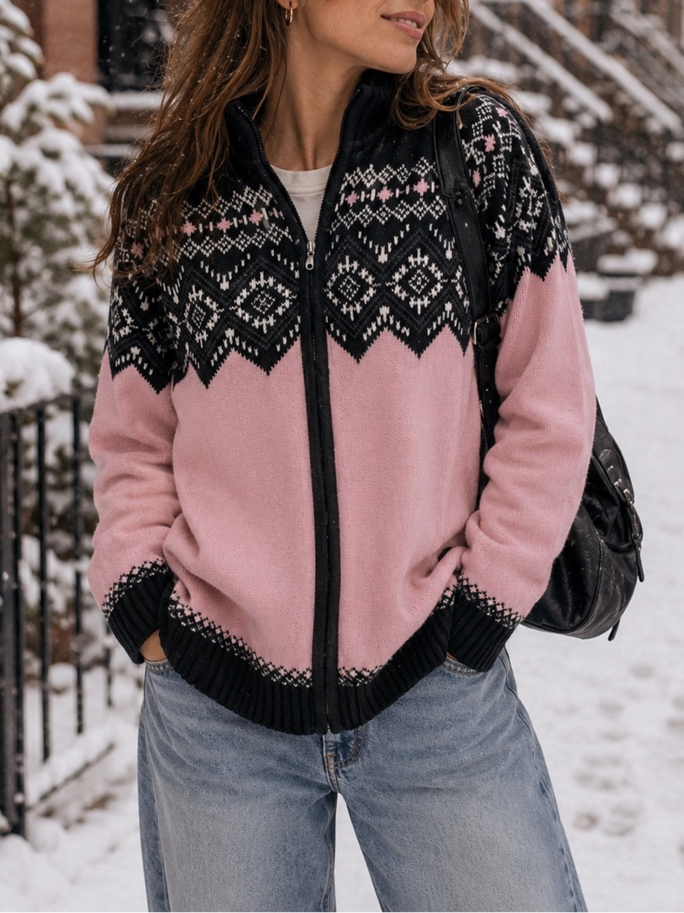 Vintage ’90s Y2K Denver Hayes Pink & Black Fair Isle Zip Sweater – Size L